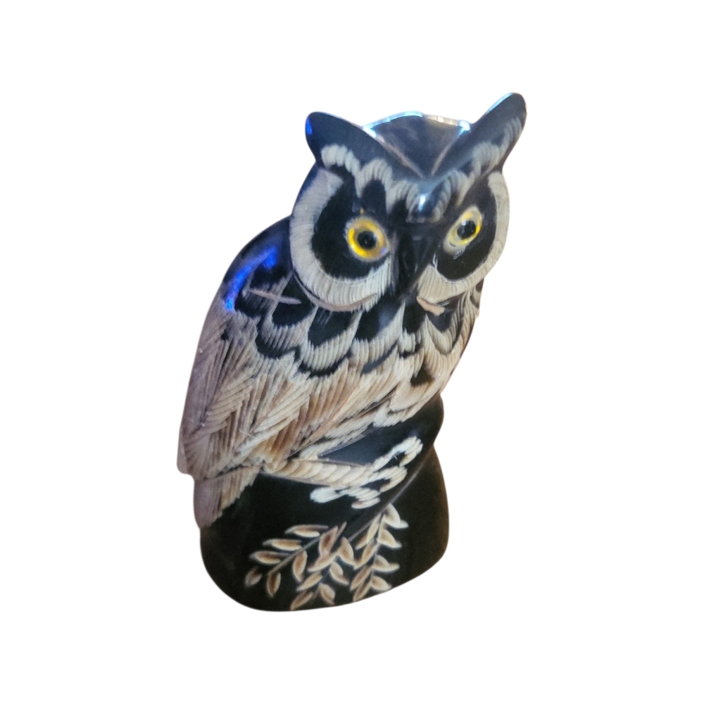 Vintage 70's Hand Carved Buffalo Bone Horn Owl Figurine